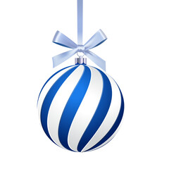 Blue Christmas tree ball with white stripes and a ribbon and bow