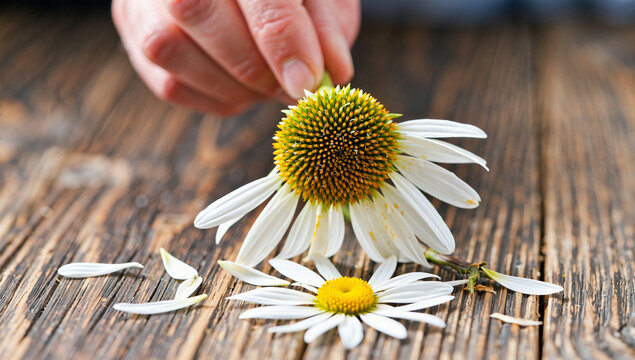 Echinacea and Daisies on Wooden Surface - Powered by Adobe