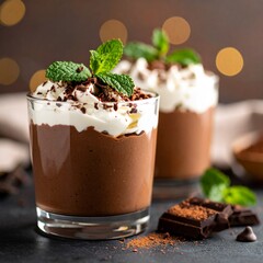 Close-up of rich chocolate mousse in a glass cup, topped with whipped cream and chocolate shavings, served on a clean background, elegant dessert photography style
