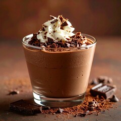 Close-up of rich chocolate mousse in a glass cup, topped with whipped cream and chocolate shavings, served on a clean background, elegant dessert photography style
