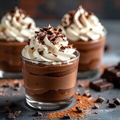Close-up of rich chocolate mousse in a glass cup, topped with whipped cream and chocolate shavings, served on a clean background, elegant dessert photography style