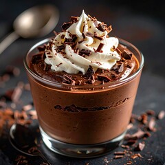 Close-up of rich chocolate mousse in a glass cup, topped with whipped cream and chocolate shavings, served on a clean background, elegant dessert photography style