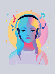 Vibrant gradient portrait of a girl with headphones, glowing background, and floating music notes, capturing dreamy, modern, and colorful listening moments.
