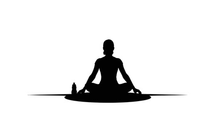 Serene silhouette woman meditating in lotus pose beside water bottle, finding inner peace.