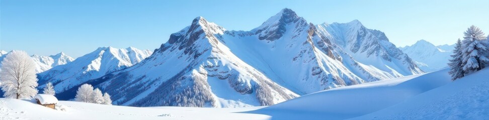 Obraz premium Snow-covered mountain in the French Pyrenees, clear winter sky, snow, horizon