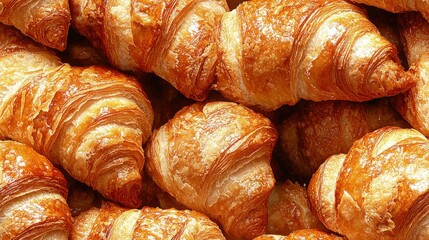 Crispy layered croissants freshly baked background