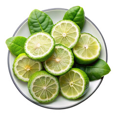 Freshly sliced kaffir limes with green leaves arranged on a white plate isolated on transparent background
