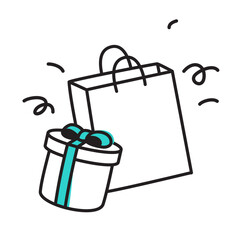 Shopping bag and a gift box with green ribbon
