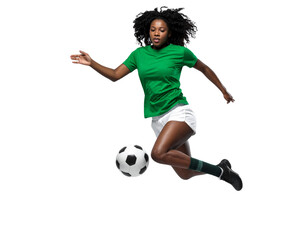 photograph of a soccer player wearing a green t-shirt, white shorts, and black shoes, kicking a ball, isolated against a solid transparent background 