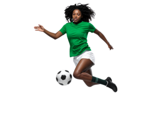 photograph of a soccer player wearing a green t-shirt, white shorts, and black shoes, kicking a ball, isolated against a solid transparent background 