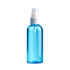 Blue Plastic Spray Bottle with Sanitizer Liquid and White Sprayer Isolated on Black Background
