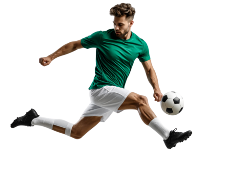 photograph of a soccer player wearing a green t-shirt, white shorts, and black shoes, kicking a ball, isolated against a solid transparent background