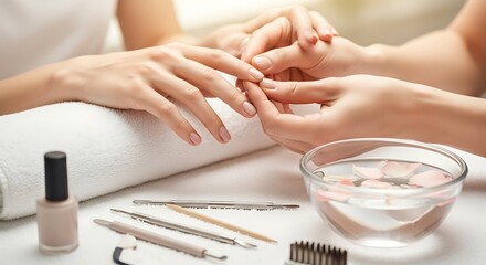 Manicurist Performing Nail Care on Female Client in Salon with Tools and Water Bowl