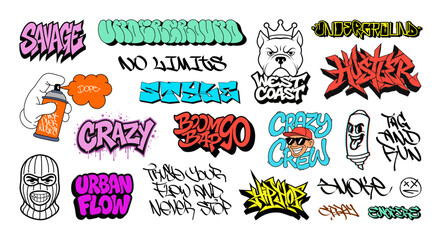 Street culture, urban graffiti art. Colorful bold graffiti text, gothic lettering, tags, character in graffiti style. Print for clotches and stickers. Urban culture, street art. Vector graphic set