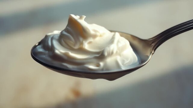 A spoonful of creamy goodness on a wooden surface