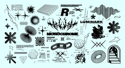 Bitmap futuristic abstract symbols and glitch art elements collage. 8bit graphic pack surreal abstract shapes, glitch graphics, and digital typography. Cyber-aesthetic with 3D shapes. Vector set © SergeyBitos