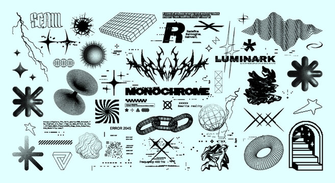 Bitmap futuristic abstract symbols and glitch art elements collage. 8bit graphic pack surreal abstract shapes, glitch graphics, and digital typography. Cyber-aesthetic with 3D shapes. Vector set