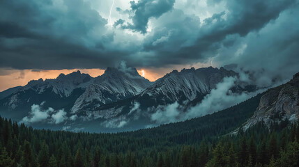 Dramatic mountain landscape under stormy sky