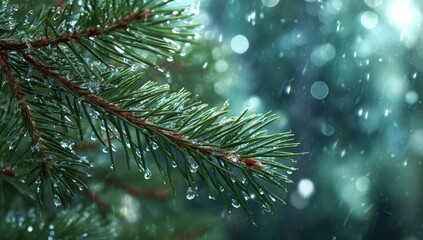 Close Up of Pine Tree Branch with Water Droplets in Winter Scene