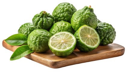 A vibrant pile of fresh bumpy green kaffir limes with leaves on a wooden board isolated on transparent background