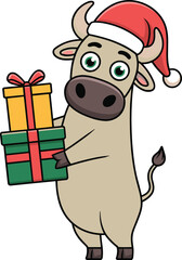 A Cute Cartoon Ox or Cow Wearing a Santa Hat and Holding a Red Banner with 