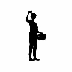 Silhouette of worker placing eggs into basket isolated on white background
