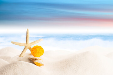 Starfish On White Sand Beach with Ocean Wave and Colorful Sky