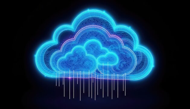 Illuminated cloud computing network with data streams, connection nodes, and digital information overlay against a stark black background