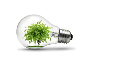 A lightbulb with a tree growing inside it on a white background suggesting green energy concepts