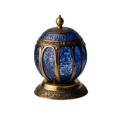 Decorative blue glass egg with golden accents isolated on transparent background