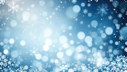 Fototapeta premium Abstract blue gradient background with white snowflakes and blurred lights creating a festive winter atmosphere