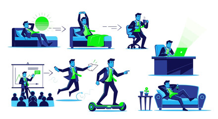 Daily Activities of Businessman Character &ndash; Two Tone Fluorescent Color on White Background &ndash; Vector Illustration