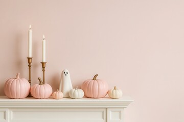 Pink Halloween Pumpkins and Ghost Figurine with Candles on Mantel