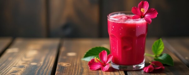 Vibrant hibiscus smoothie in glass, wood backdrop, ice, drink, beverage