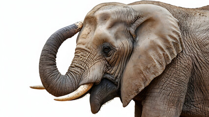 Obraz premium Majestic african elephant side profile with tusks and curled trunk isolated on white background