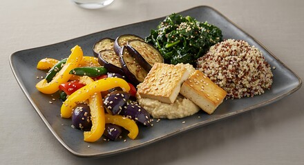 A square plate containing tofu, quinoa, eggplant, bell peppers, and spinach with sesame seeds