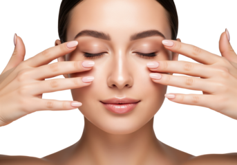 Elegant woman touching face with both hands, emphasizing beauty, skincare, youthful appearance, and natural confidence