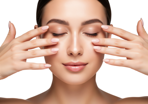 Elegant woman touching face with both hands, emphasizing beauty, skincare, youthful appearance, and natural confidence