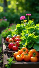 Vibrant raised garden beds overflowing with colorful vegetables and flowers , texture, raised beds, herbs