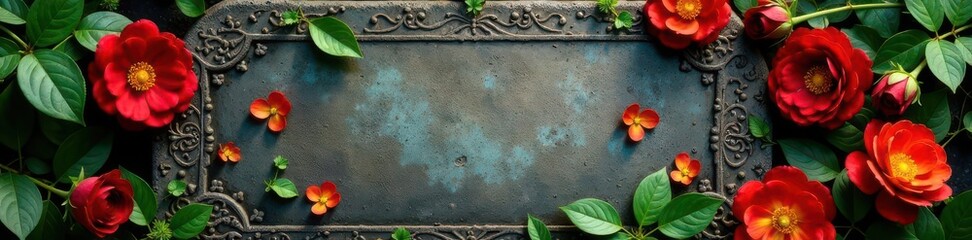 Vibrant red and yellow blooms on an old weathered tombstone , sunflower, yellow