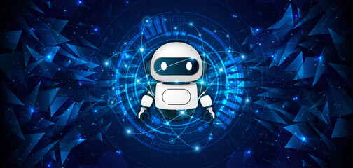 Artificial intelligence robot. Modern technology. Intelligent assistant robot of the future world. Chatbot mascot on a blue background.	