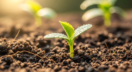 Close up of a small seedling with water droplets on its leaves growing in dark brown soil outdoors