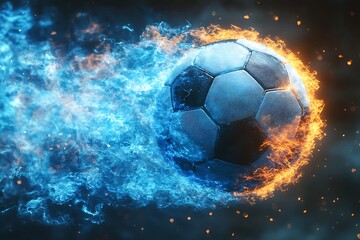 Naklejka premium Blazing soccer ball speeds through the air with dynamic flames and energy trails in a modern sports design
