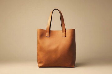 Tan leather tote bag with shoulder straps on a cream colored background. Clean, minimalist design.