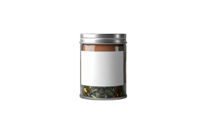 A  shot presents a small glass container with a metallic lid and a white label, filled with dried green leaves and herbs, resting against a solid black backdrop.