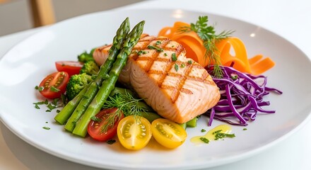 A plate of grilled salmon with asparagus tomatoes carrots and cabbage on a white surface indoors