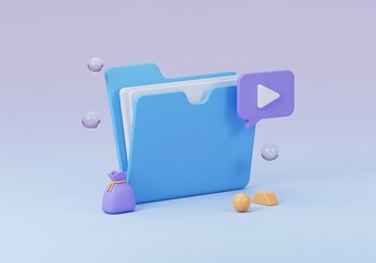 Illustrative Blue Folder with Video Play Icon and Business Elements Rendered in 3D Graphics for Online Content Management and Financial Data