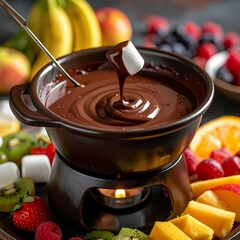 Close-up of rich, melted chocolate fondue in a pot, surrounded by fresh fruits and marshmallows for dipping, elegant dessert presentation, gourmet food photography style