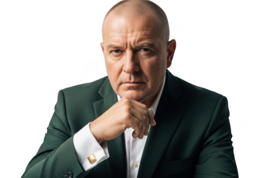 Serious bald businessman in green suit with hand on chin portrait photography stock image, png, isolated on transparent background