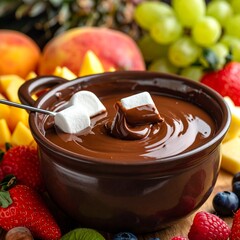 Close-up of rich, melted chocolate fondue in a pot, surrounded by fresh fruits and marshmallows for dipping, elegant dessert presentation, gourmet food photography style